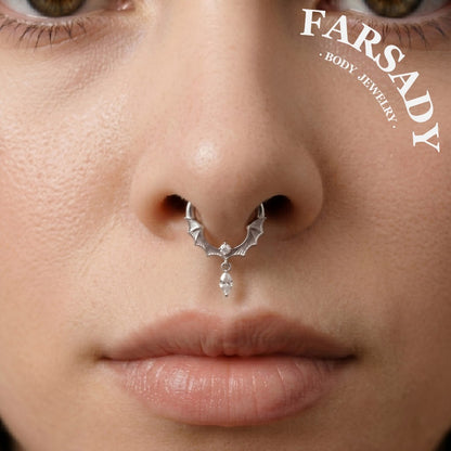 Moissanite Bat Hoop Piercing Ring- 925 Sterling Silver Septum Ring| Hinged Segment Clicker| Nose/Helix/Daith/Lobe Clicker | Gold or Silver