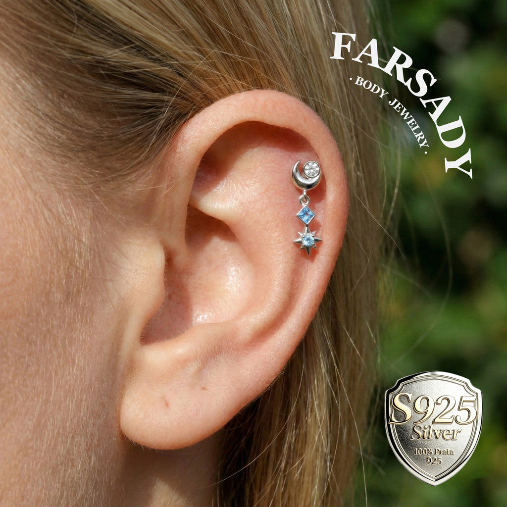 Luna Flare Dangle Threadless Push In Helix Stud, Sterling Silver Cartilage Stud, Flat Back Titanium Post, Design Satr Tragus/ Lobe Earring