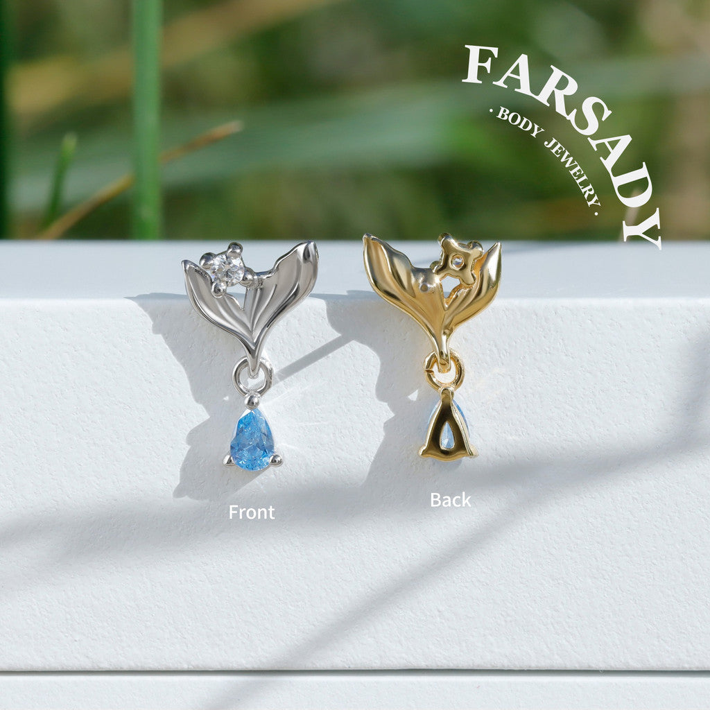 Mermaid Legend Helix Stud Earring with Blue CZ Dangle, Sterling Silver Tragus Lobe Conch Piercing Jewelry, Titanium Flat Back Ear Stack