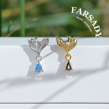 Mermaid Legend Helix Stud Earring with Blue CZ Dangle, Sterling Silver Tragus Lobe Conch Piercing Jewelry, Titanium Flat Back Ear Stack