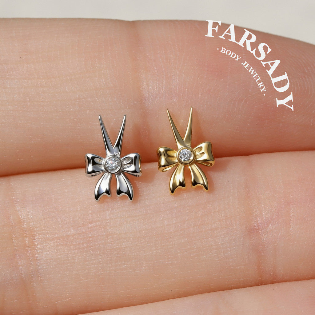 Rebel Ribbon Threadless Push In Tragus Stud, Sterling Silver Cartilage Stud, Flat Back Titanium Post, Design Flower Helix/ Lobe/ Lip Earring
