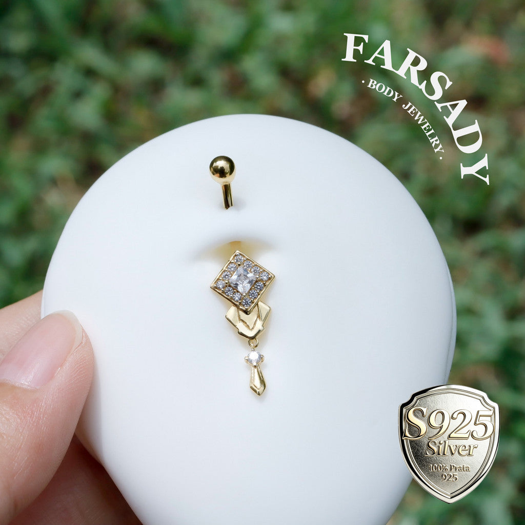 14G Belly Button Ring – 925 Silver 18K Gold Plated| Clear CZ Amulet Belly Ring Dangle Bar| Hypoallergenic Navel Piercing Jewelry| Waterproof