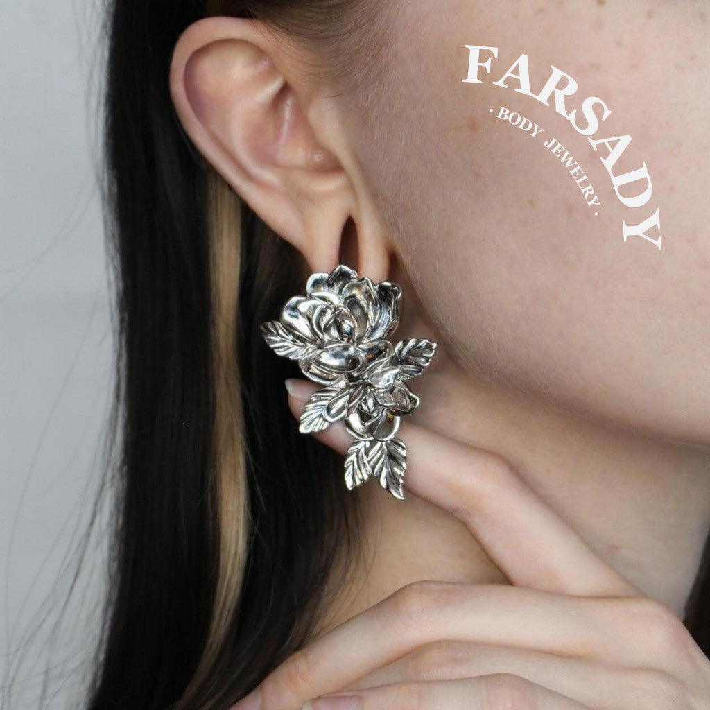 Rose Ear Weights / High-Quality Ear Hanger/ 00 Gauge Ear Weight Silvery/ Ear Stretched Jewelry/Weighted Dangle 10mm/Lobe Weights Steel