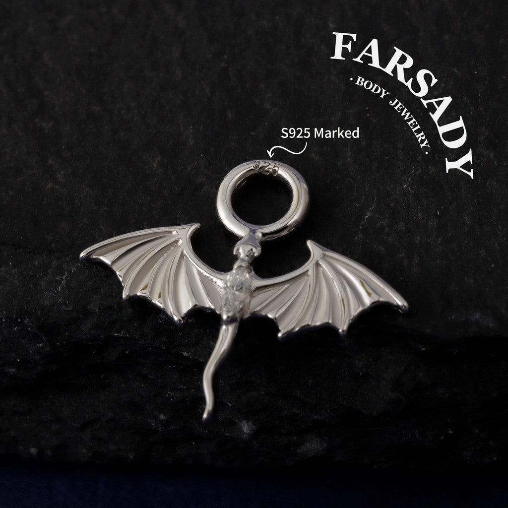 Fly Dragon White CZ Drop Hoop Earring Charm in Sterling Silver, Lobe/ Helix/ Rook Conch Hoop Charm, Belly Ring Dangle, Customize your style