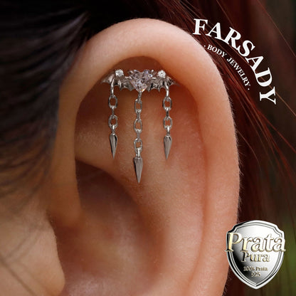 Bat Wing Heart - 925 Silver Threadless Stud / Fits Vertical Helix Hidden Rook Earring