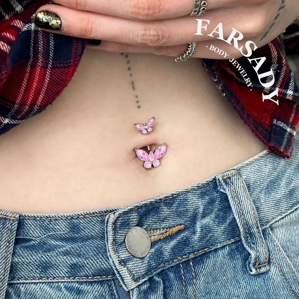 Twin Pink Butterfly Echo - 925 Silver Belly Button Ring / Fits 14G Navel Piercing