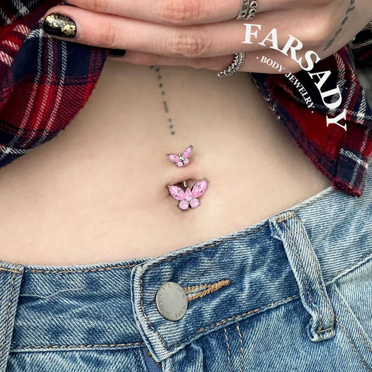 Twin Pink Butterfly Echo - 925 Silver Belly Button Ring / Fits 14G Navel Piercing