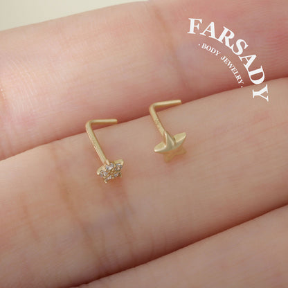 Minimal Star - Solid 14K Gold L-Shape Stud / Fit 20G Nostril Piercing