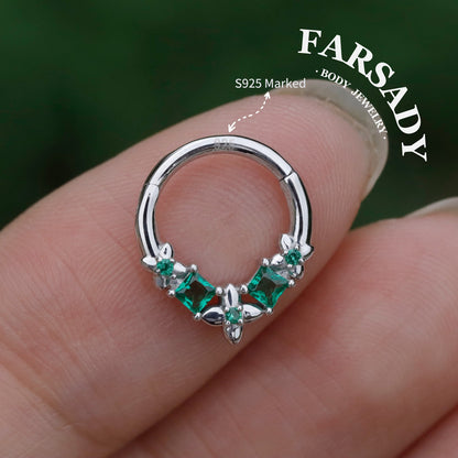 Sterling Silver Flower Green Zircon Daith Hoop Earrings Handmade Daith Piercing Jewelry Hinged Septum Ring Unique Helix Tragus Lobe Cartilage Earrings Daily Wear Gift for Her