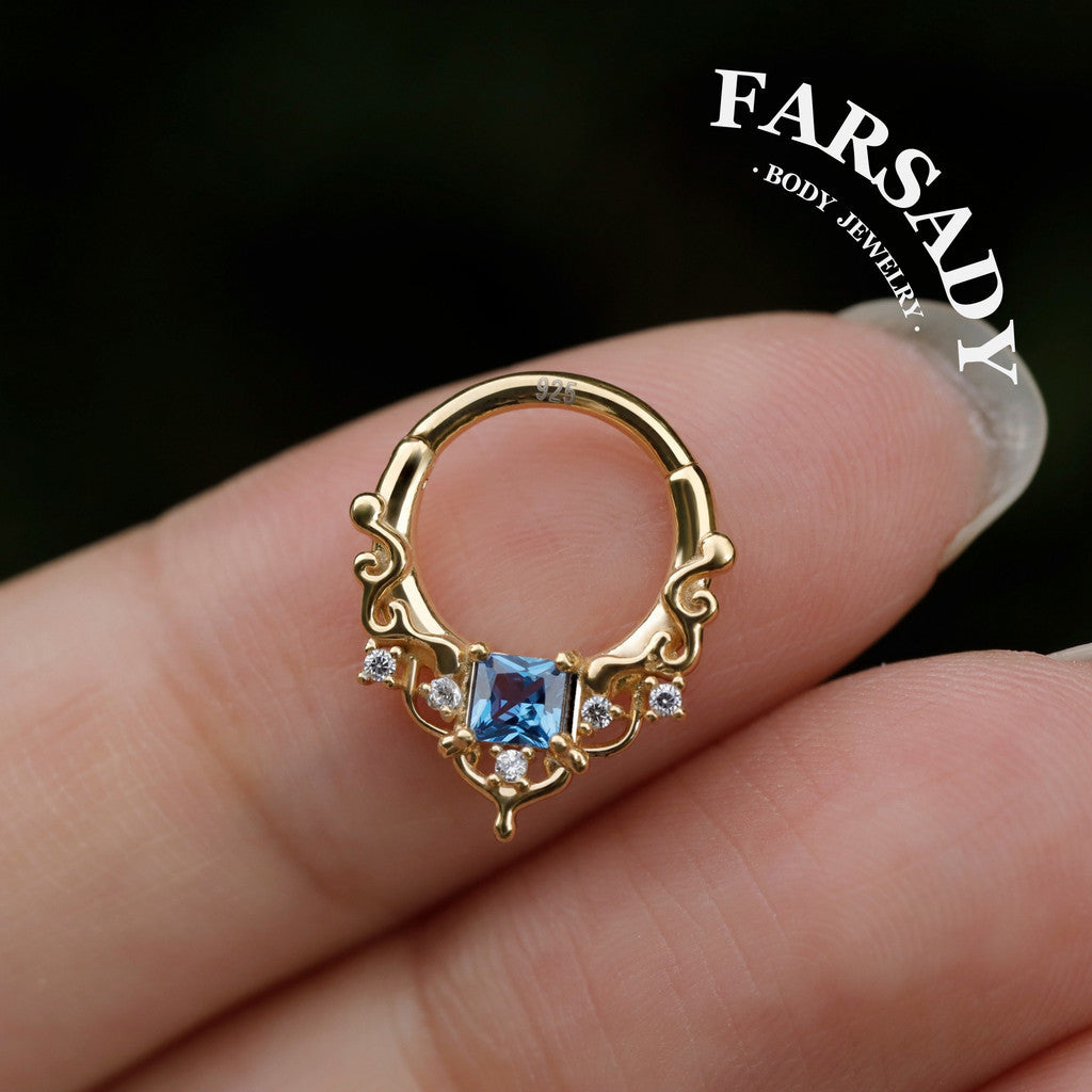Byzantine Art Septum Ring Sterling Silver Plated 18k Gold/ 16G Hinged Septum Clicker/ Daith Hoop Earring/ Helix Tragus Piercing Jewelry