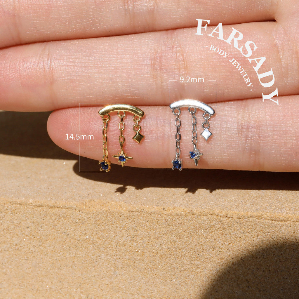 Solid 925 Sterling Silver Helix Chain Earring, 18K Gold Plated Blue CZ Star Dangle, Threadless Push In Hidden Rook Stud Piercing Jewelry