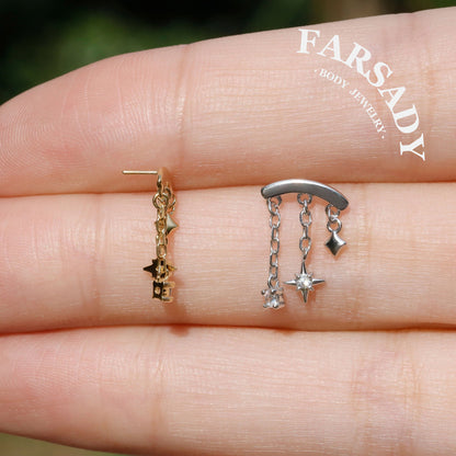 Designed for vertical helix piercings/ 925 Silver Helix Chain Earring 18K Plated/ Star Dangle Earring/ Threadless Push In Hidden Rook Stud