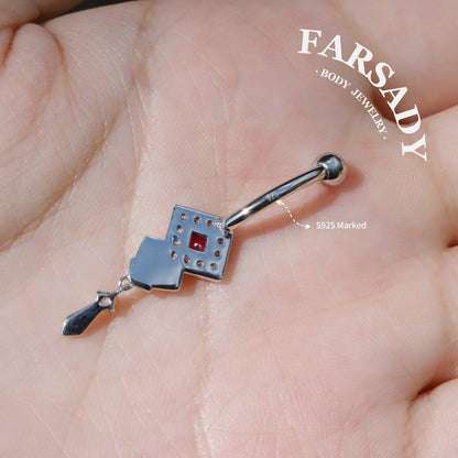 14G Belly Button Ring – 925 Silver 18K Gold Plated| Pink CZ Amulet Belly Ring Dangle Bar| Hypoallergenic Navel Piercing Jewelry| Waterproof