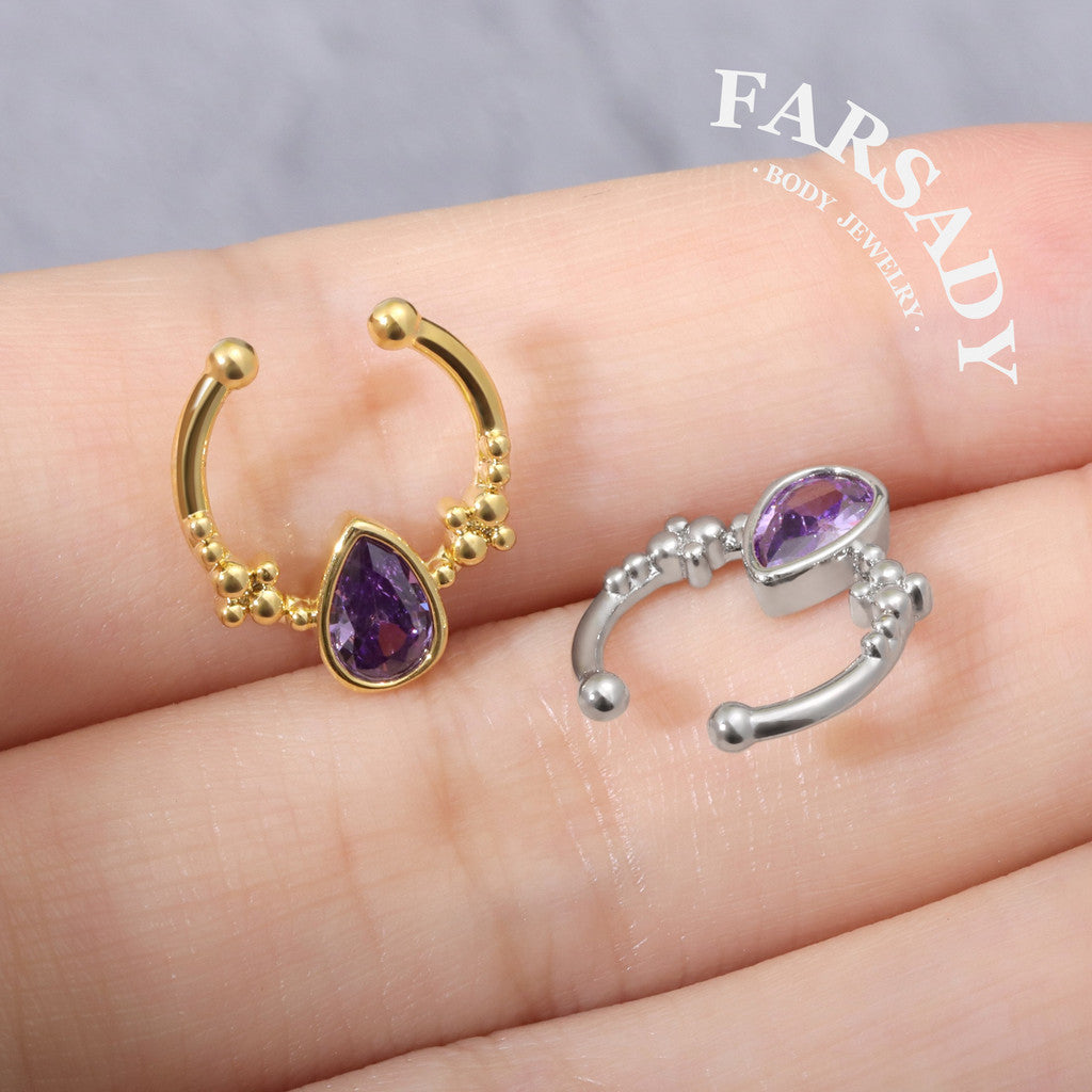 Amethyst Droplet Arc - 316L Fake Nose Ring C-Hoop Piercing / Fit Non-Pierced Septum Ring