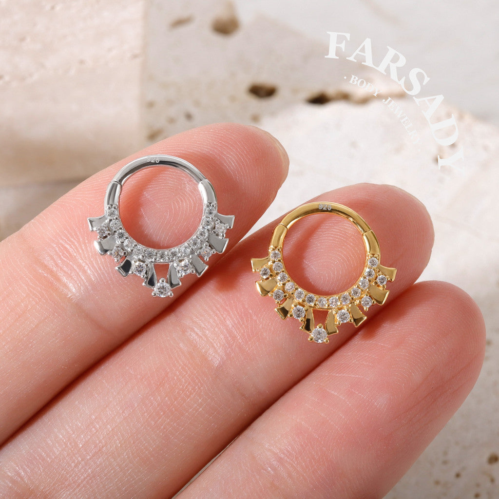 Star Fan - 925 Silver CZ Hinged Clicker Hoop / Fits 16G Septum Ring Helix Conch Daith Earring
