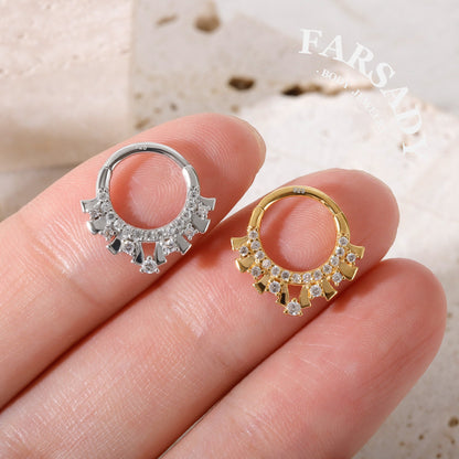 Star Fan - 925 Silver CZ Hinged Clicker Hoop / Fits 16G Septum Ring Helix Conch Daith Earring