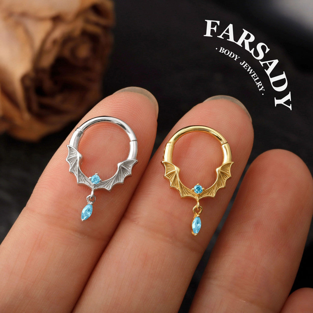 Frost Batwing - 925 Silver Hinged Clicker Hoop / Fits 16G Septum Ring Helix Conch Daith Earring