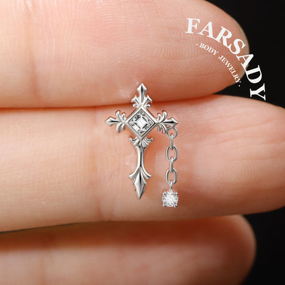 Vein Cross - 925 Silver Threadless Stud / Fits Cartilage Helix Tragus Lobe Earring