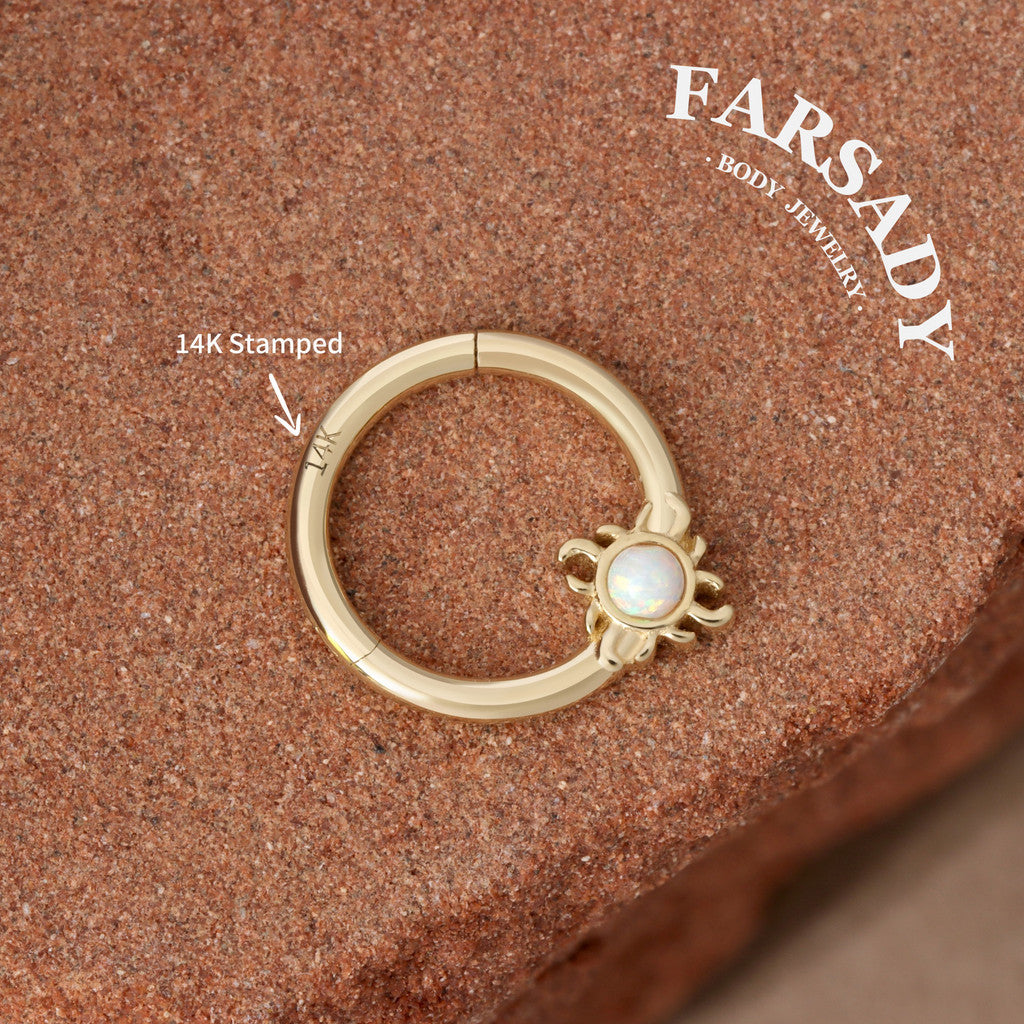 Opal Suncore - Solid 14K Gold Hinged Clicker Hoop / Fits 16G Septum Ring Helix Conch Cartilage Earring