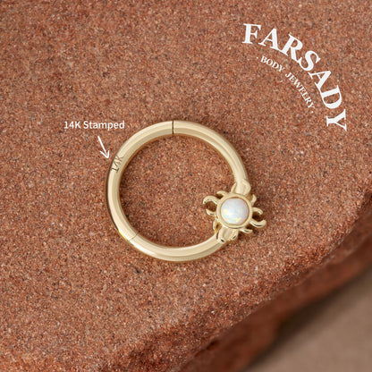 Opal Suncore - Solid 14K Gold Hinged Clicker Hoop / Fits 16G Septum Ring Helix Conch Cartilage Earring