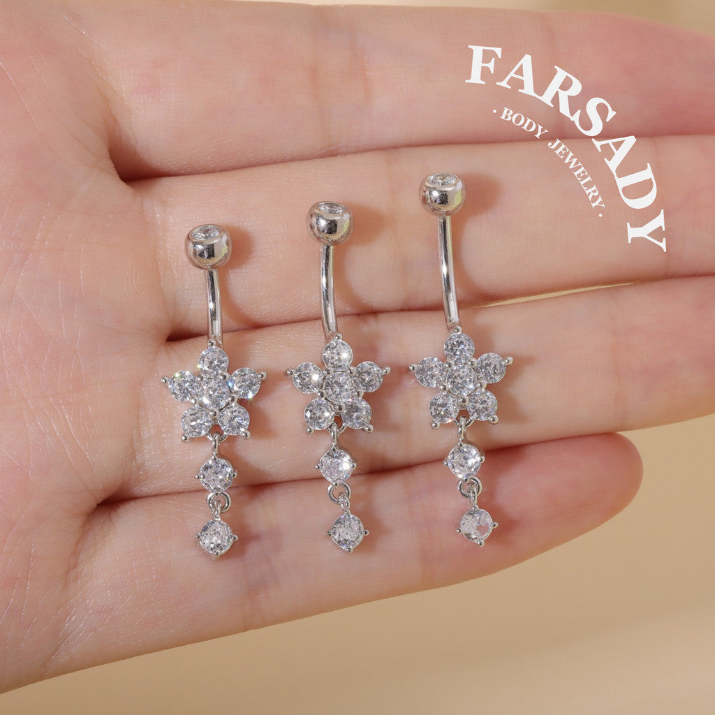 Snowflake Dew Trail - 925 Silver Clear CZ Belly Button Ring / Fits 14G Navel Piercing