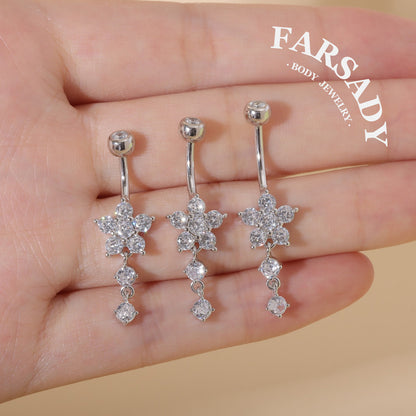 Snowflake Dew Trail - 925 Silver Clear CZ Belly Button Ring / Fits 14G Navel Piercing