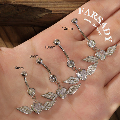Winged Heart Drift - 925 Silver Clear CZ Belly Button Ring / Fits 14G Navel Piercing