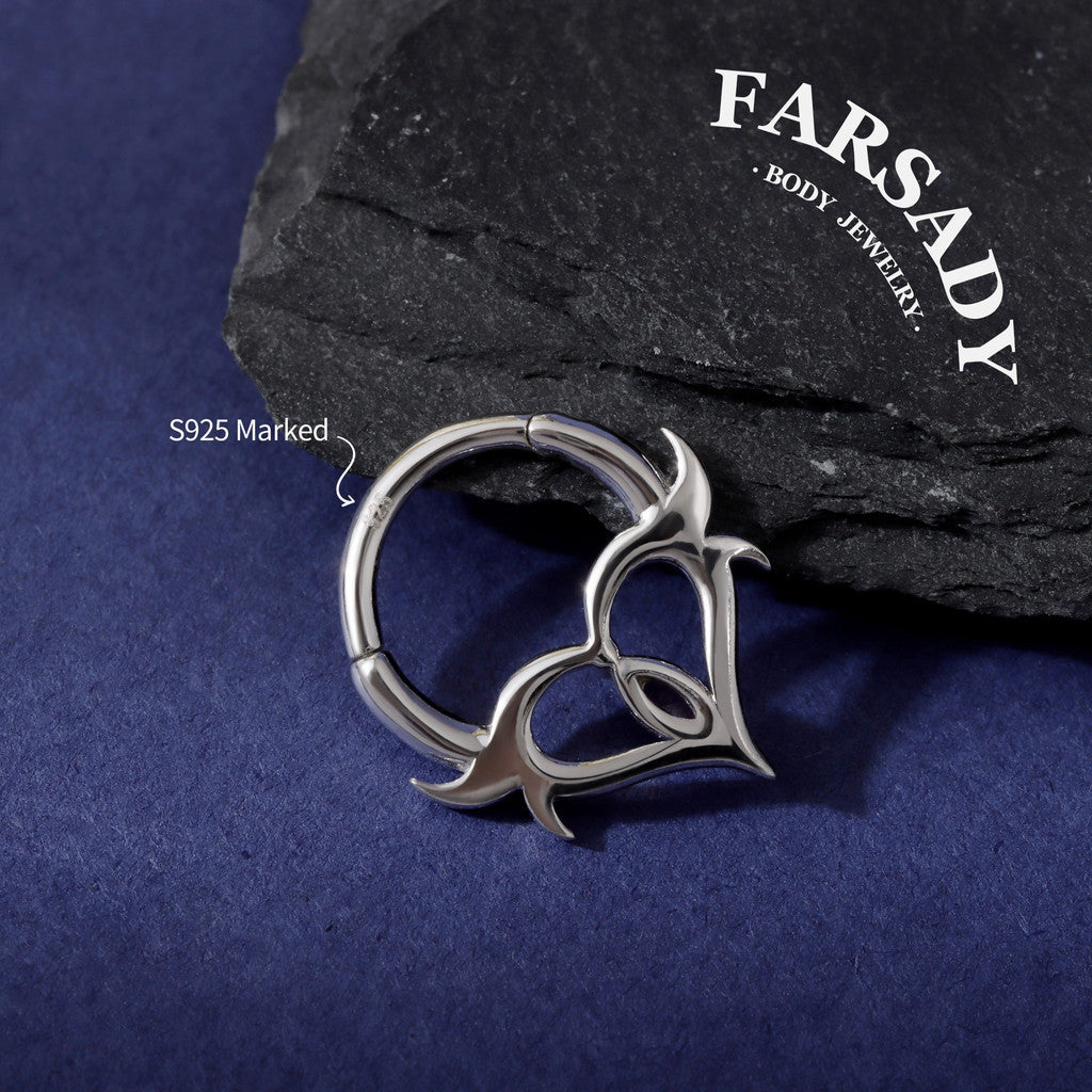 16G Heart Thorn Hinged Daith Earring Hoop, Gothic Purple CZ Septum Ring, Edgy Helix Tragus Conch Clicker  Sterling Silver, Original Design
