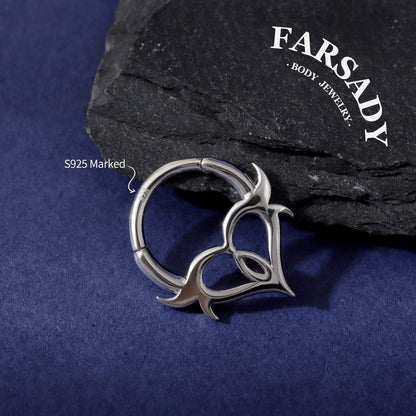 16G Heart Thorn Hinged Daith Earring Hoop, Gothic Purple CZ Septum Ring, Edgy Helix Tragus Conch Clicker  Sterling Silver, Original Design