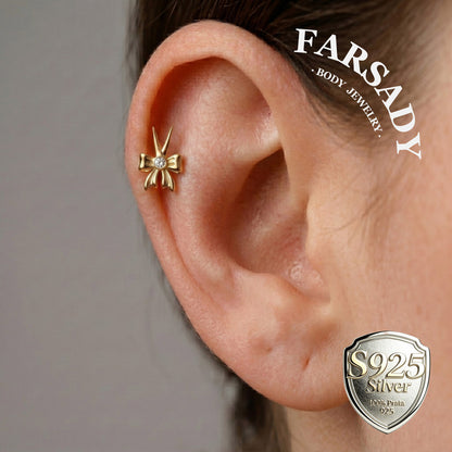 Rebel Ribbon Threadless Push In Tragus Stud, Sterling Silver Cartilage Stud, Flat Back Titanium Post, Design Flower Helix/ Lobe/ Lip Earring