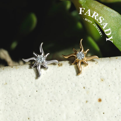 Sterling Silver Mini Sun Threadless Push In Tragus Stud,  S925 Cartilage Stud, Flat Back Titanium Post, Design Flower Helix/ Lobe/ Lip Earring