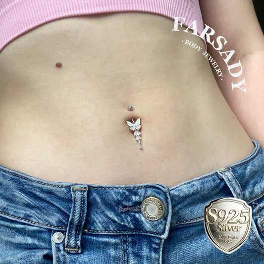 14G Sterling Silver White Butterfly Belly Button Ring | S925 Navel Piercing Jewelry | 5A Cubic Zirconia Dangle Navel Ring | Elegant Daily Wear Piercing Jewelry with Gift Box