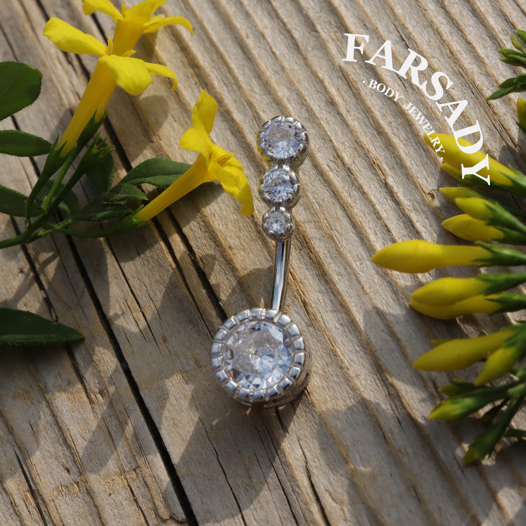 14G Sterling Silver Triple CZ Belly Button Ring - S925 Clear CZ 8mm 10mm 12mm  Navel Body Piercing Jewelry - Non Healed Piercing Friendly Body Jewelry