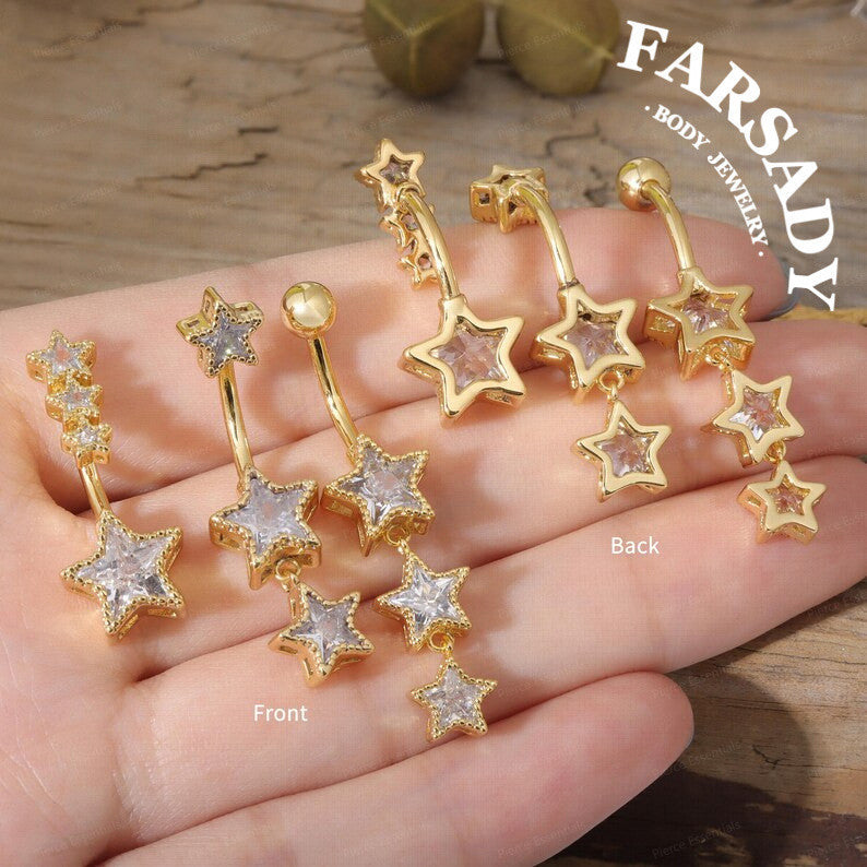 Star Spark - CZ Dangle Belly Button Ring / Fits 14G Navel Piercing / Waterproof & Hypoallergenic for Sensitive Skin, Daily Wear Elegant Jewelry, Perfect Gift