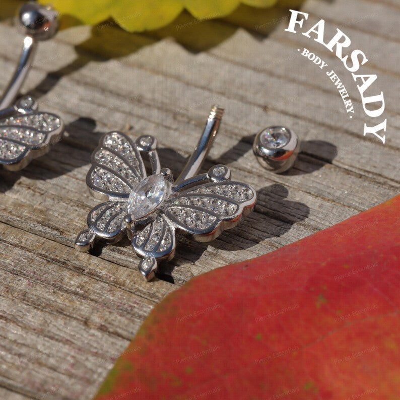 14G S925 Sterling Silver Butterfly Belly Button Ring 6mm-12mm Navel Body Piercing Jewelry Easy Insert Non Healed Piercing Friendly Daily Wear Gift Jewelry for Women