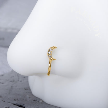 Paved CZ Crescent Moon - 925 Silver Fake Nose Ring / Fit Non-Pierced Nose Ring
