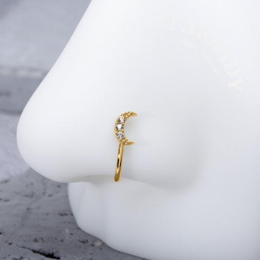 Paved CZ Crescent Moon - 925 Silver Fake Nose Ring / Fit Non-Pierced Nose Ring
