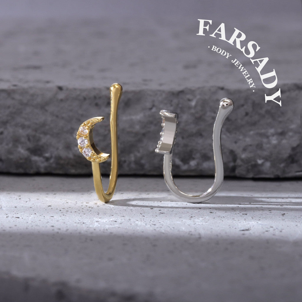 Paved CZ Crescent Moon - 925 Silver Fake Nose Ring / Fit Non-Pierced Nose Ring