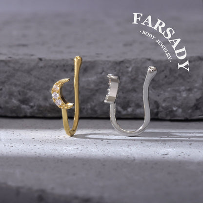 Paved CZ Crescent Moon - 925 Silver Fake Nose Ring / Fit Non-Pierced Nose Ring