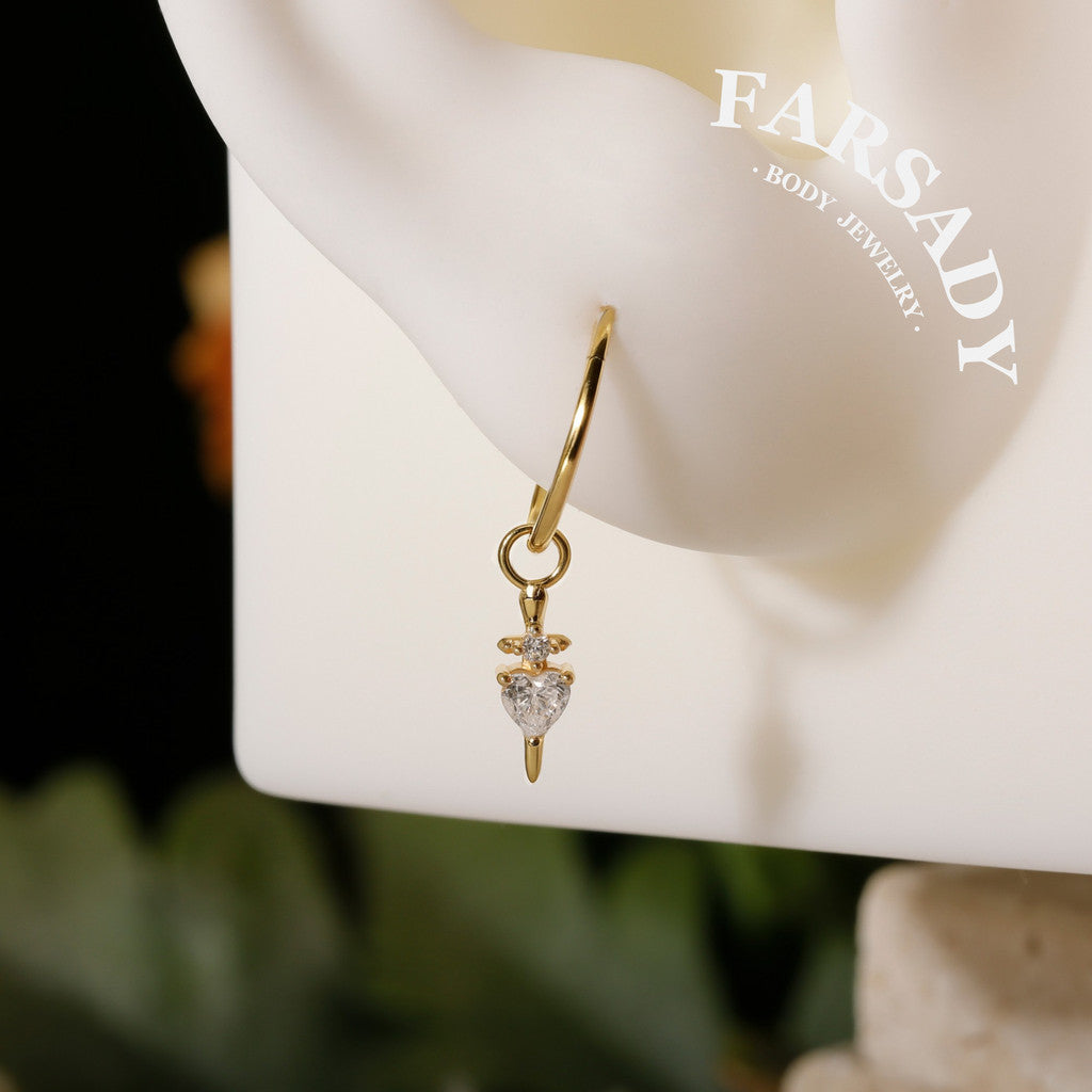 Pierced Heart Blade - 925 Silver Heart CZ Heart Dangle Charm / Interchangeable Hoop Earring Pendant for Helix Daith Cartilage Piercing