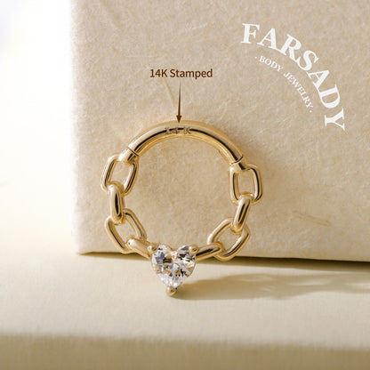 Chain Heartlock - Solid 14K Gold Hinged Clicker Hoop / Fits 16G Septum Ring Helix Conch Cartilage Earring