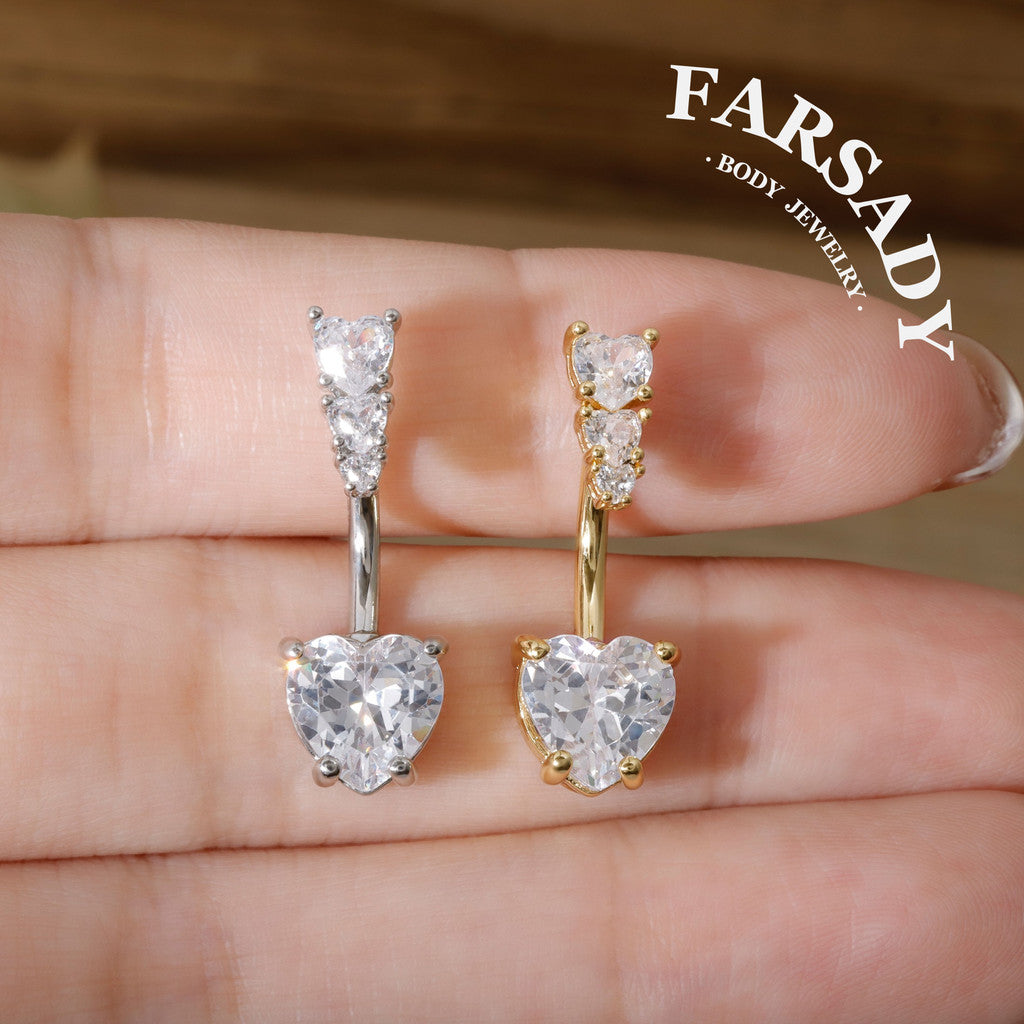 Triple Heart Gleam - 316L Clear CZ Belly Button Ring / Fits 14G Navel Piercing