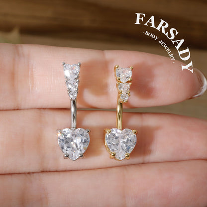 Triple Heart Gleam - 316L Clear CZ Belly Button Ring / Fits 14G Navel Piercing