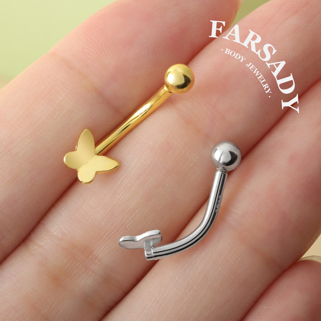 Plain Silver Butterfly - 925 Silver Belly Button Ring / Fits 14G Navel Piercing