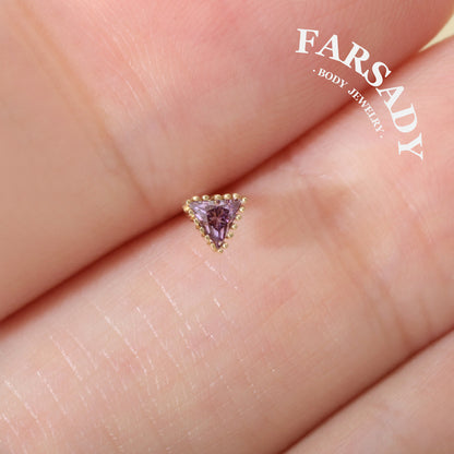 Minimal Triangle Amethyst CZ - Solid 14K Gold L-Shape Stud / Fit 20G Nostril Piercing