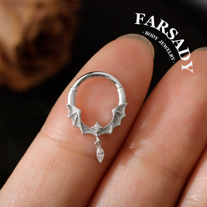 Moissanite Bat Hoop Piercing Ring- 925 Sterling Silver Septum Ring| Hinged Segment Clicker| Nose/Helix/Daith/Lobe Clicker | Gold or Silver