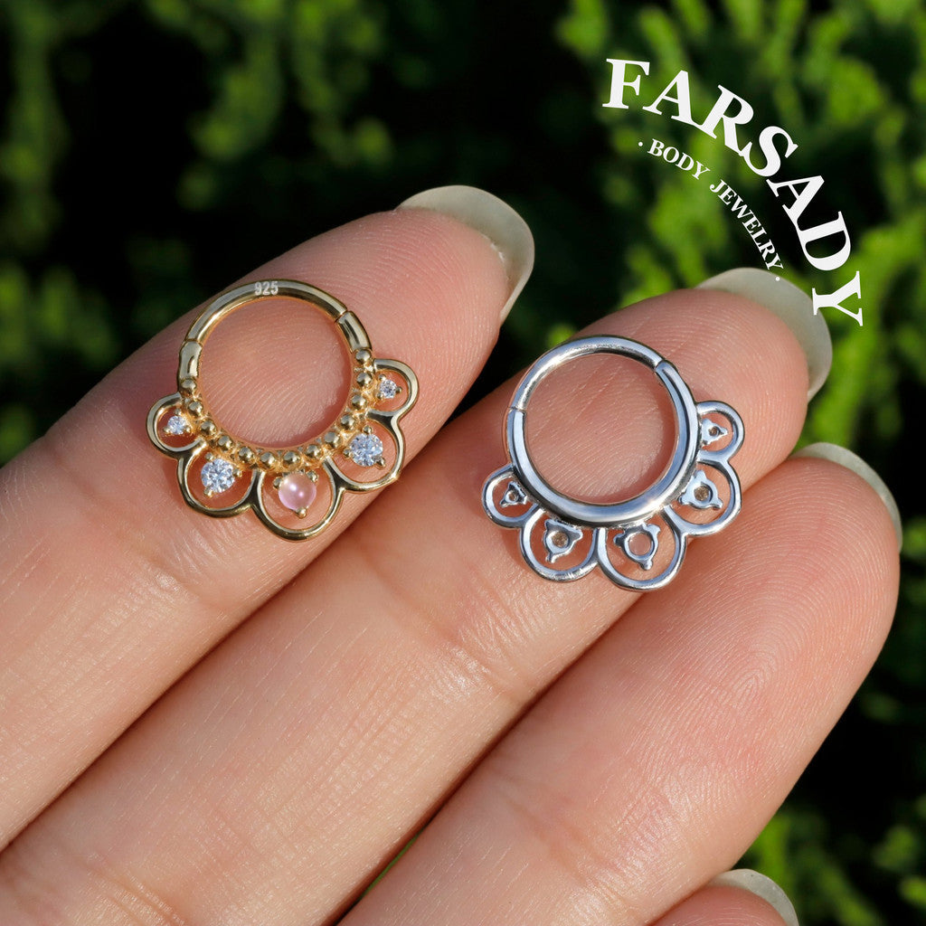 16G Sterling Silver Moonstone Flower Septum Ring, Moissanite Hinged Septum Clicker,925 Sterling Silver Plated 18k Gold,Gold Daith Earring Hoop,Helix Tragus Hoop