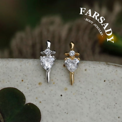 Valor Heart - Sterling Silver Push In Stud / Fits Cartilage Helix Tragus Lobe Earring  Nose Stud / Threadless Flat Back Piercing, Daily Wear Elegant Jewelry, Perfect for Gift