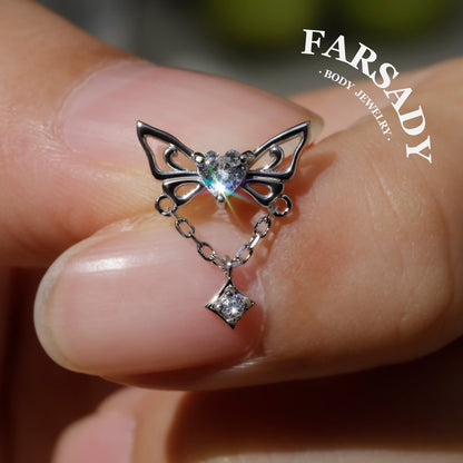 Butterfly Helix Stud Earring – Heart CZ Cartilage Chain Earring | Threadless Flat Back | Gold or Silver | Cartilage Dangle Piercing Jewelry