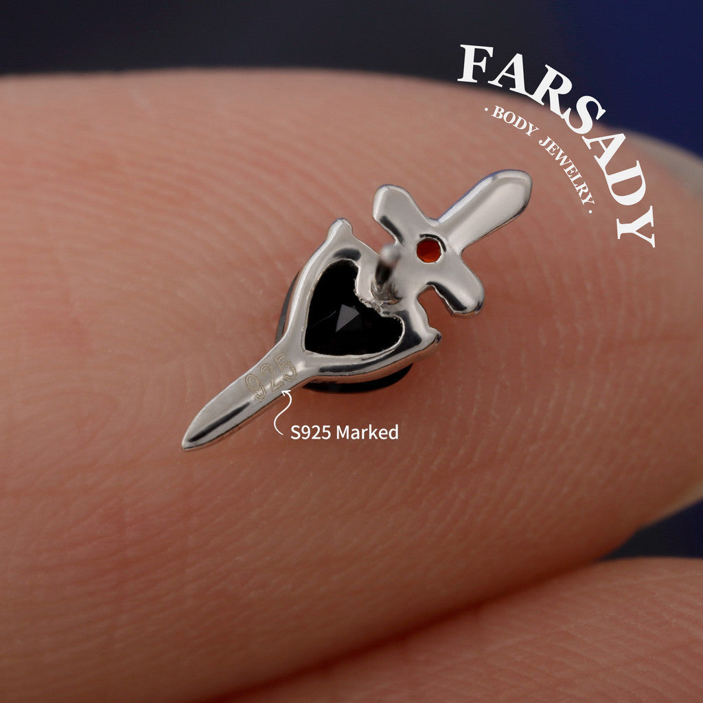 Obsidian Blade - Sterling Silver Push In Stud / Fits Cartilage Helix Tragus Lobe Earring  Nose Stud / Threadless Flat Back Piercing, Hypoallergenic Jewelry for Sensitive Skin